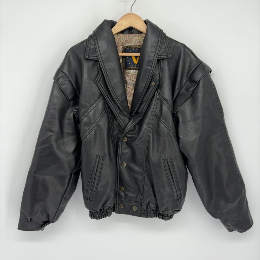 V Valenti Italian Black Leather Bomber Jacket Oversized Medium